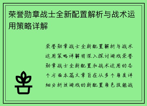 荣誉勋章战士全新配置解析与战术运用策略详解